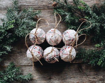 Rustic Farmhouse Beige Gray & Red Plaid Flannel Rag Ball Christmas Tree Ornaments Set of 6, Homespun Inspired Holiday Decoration Bowl Filler