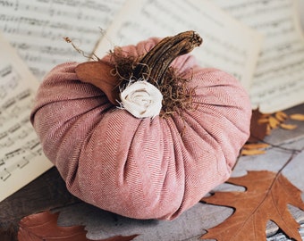 Rustic Farmhouse Tweed Faux Plush Pumpkin w/Real Dried Stem, Rustic Pale Red Wool Herringbone Fabric, Cottage Chic Fall Autumn Decor