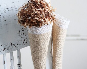 Shabby Burlap and Lace Wall Pocket Cones, Farmhouse Fabric Hanging Decorations, Rustic Wedding Decor, Set of Two