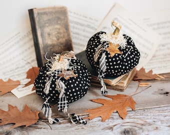 Rustic Primitive Halloween Faux Plush Pumpkin w/Real Dried Stem, Black & White Stars Autumn Decor, Prim Farmhouse Fall