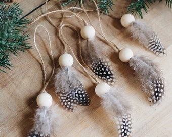 Boho Natural Feather Christmas Ornaments, Set of 6, Simple Holiday Decor, Wooden Bead and Spotted Feather Rustic Farmhouse Gift Decorations
