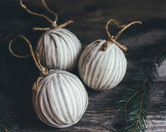 Rustic Greige Striped Rag Ball Christmas Tree Ornaments, Set of 3, Homespun Inspired Farmhouse Holiday Decor