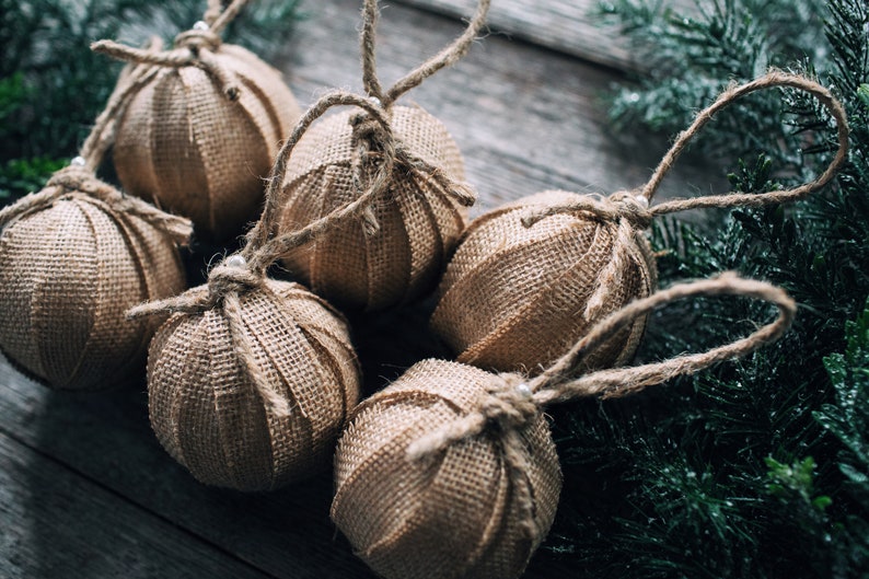 Rustic Farmhouse Burlap Rag Ball Christmas Tree Ornaments, Set of 6, Homespun Inspired Neutral Holiday Decoration Bowl Fillers image 3