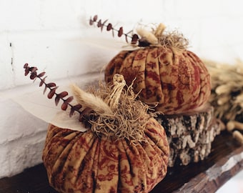 Rustic Bohemian Tapestry Style Faux Plush Pumpkins Real Dried Stems, Set of 2, Fall Autumn Thanksgiving Decoration, Burgundy and Brown