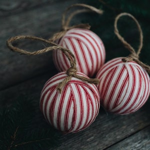 Rustic Red Ticking Rag Ball Christmas Tree Ornaments, Set of 9, Homespun Inspired Farmhouse Holiday Decor Bowl Fillers Candy Cane Stripe image 5