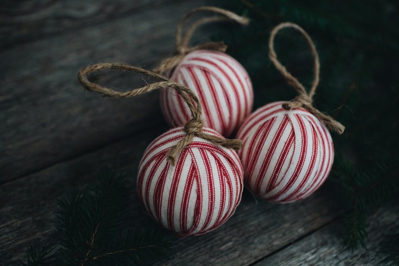 Rustic Red Ticking Rag Ball Christmas Tree Ornaments, Set of 9, Homespun Inspired Farmhouse Holiday Decor Bowl Fillers Candy Cane Stripe image 5