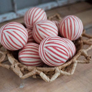 Rustic Red Ticking Rag Ball Christmas Tree Ornaments, Set of 9, Homespun Inspired Farmhouse Holiday Decor Bowl Fillers Candy Cane Stripe image 10