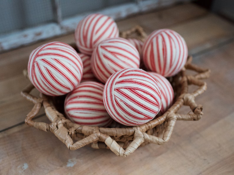 Rustic Red Ticking Rag Ball Christmas Tree Ornaments, Set of 9, Homespun Inspired Farmhouse Holiday Decor Bowl Fillers Candy Cane Stripe image 10