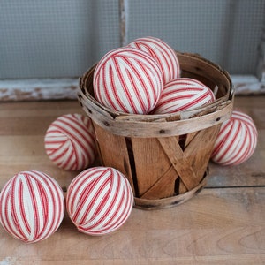 Rustic Red Ticking Rag Ball Christmas Tree Ornaments, Set of 9, Homespun Inspired Farmhouse Holiday Decor Bowl Fillers Candy Cane Stripe image 8