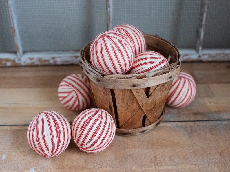 Rustic Red Ticking Rag Ball Christmas Tree Ornaments, Set of 9, Homespun Inspired Farmhouse Holiday Decor Bowl Fillers Candy Cane Stripe image 8