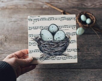 Original Spring Bird’s Nest No. 1 Acrylic Painting on Vintage Sheet Music and Wood, Pale Blue Speckled Eggs Farmhouse Wall Decor