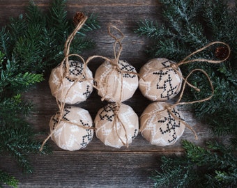 Rustic Farmhouse Geometric Nordic Print Flannel Rag Ball Christmas Tree Ornaments Set of 6 Tan Black Winter Decoration Bowl Fillers