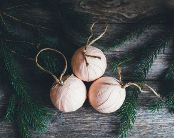 Rustic Shabby Pink Flannel Rag Ball Christmas Tree Ornaments, Set of 3, Romantic Cottage Farmhouse Valentine Holiday Decoration Bowl Fillers