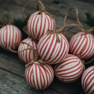 Rustic Red Ticking Rag Ball Christmas Tree Ornaments, Set of 9, Homespun Inspired Farmhouse Holiday Decor Bowl Fillers Candy Cane Stripe image 4