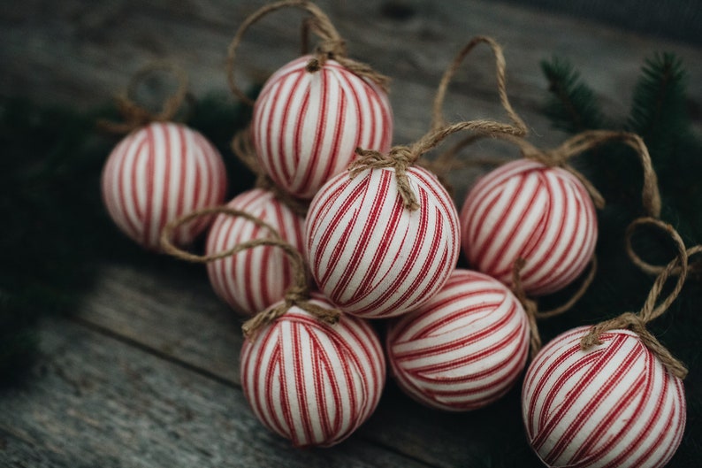 Rustic Red Ticking Rag Ball Christmas Tree Ornaments, Set of 9, Homespun Inspired Farmhouse Holiday Decor Bowl Fillers Candy Cane Stripe image 4