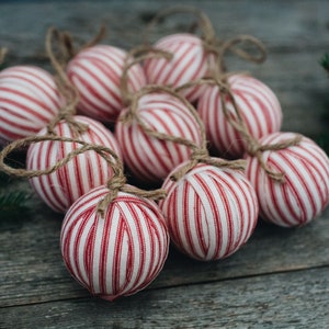 Rustic Red Ticking Rag Ball Christmas Tree Ornaments, Set of 9, Homespun Inspired Farmhouse Holiday Decor Bowl Fillers Candy Cane Stripe image 3