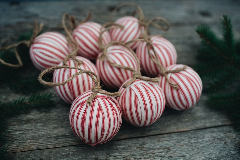 Rustic Red Ticking Rag Ball Christmas Tree Ornaments, Set of 9, Homespun Inspired Farmhouse Holiday Decor Bowl Fillers Candy Cane Stripe image 3