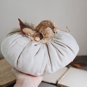 Rustic Boho Farmhouse Canvas Fabric Faux Plush Pumpkin w/ Real Dried Stem, Bohemian Fall Decoration, Neutral Cottage Chic Autumn Decor image 6