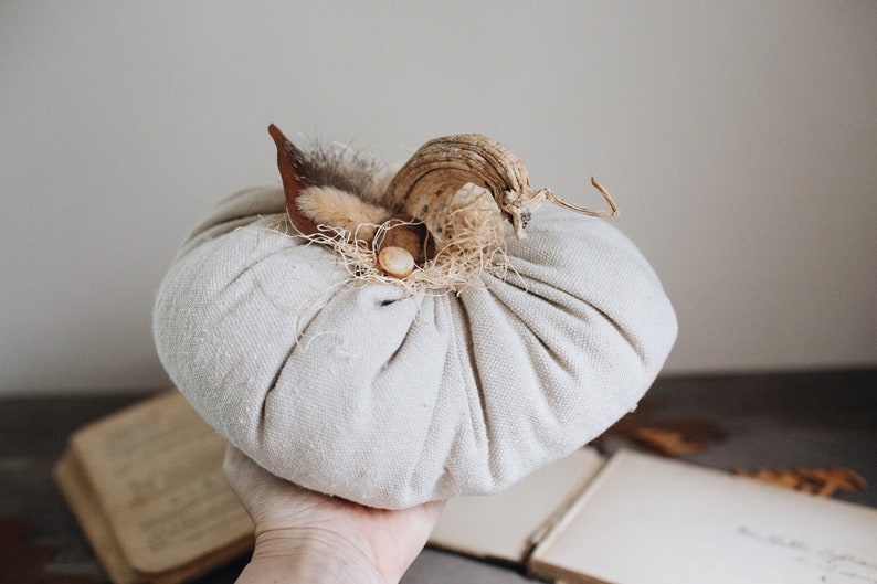 Rustic Boho Farmhouse Canvas Fabric Faux Plush Pumpkin w/ Real Dried Stem, Bohemian Fall Decoration, Neutral Cottage Chic Autumn Decor image 6