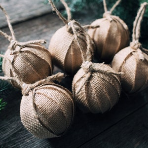 Rustic Farmhouse Burlap Rag Ball Christmas Tree Ornaments, Set of 6, Homespun Inspired Neutral Holiday Decoration Bowl Fillers image 2