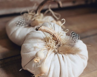 Boho Farmhouse White Linen Mini Faux Pumpkins Real Dried Stems, Set of 2 Rustic Feather Beaded Neutral Fall Decoration, Autumn Cottage Decor