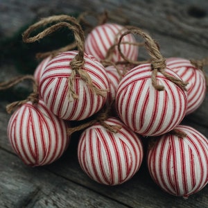 Rustic Red Ticking Rag Ball Christmas Tree Ornaments, Set of 9, Homespun Inspired Farmhouse Holiday Decor Bowl Fillers Candy Cane Stripe image 1