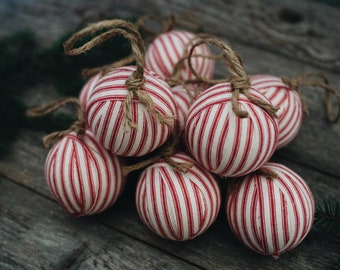 Rustic Red Ticking Rag Ball Christmas Tree Ornaments, Set of 9, Homespun Inspired Farmhouse Holiday Decor Bowl Fillers Candy Cane Stripe