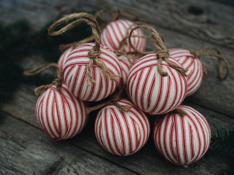 Rustic Red Ticking Rag Ball Christmas Tree Ornaments, Set of 9, Homespun Inspired Farmhouse Holiday Decor Bowl Fillers Candy Cane Stripe image 1