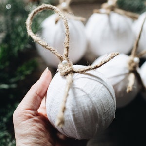 Farmhouse Style Rag Ball Trio Handmade Christmas Ornaments in Linen and Burlap, Set of 9, Neutral Cottage Holiday Decor Bowl Fillers image 2