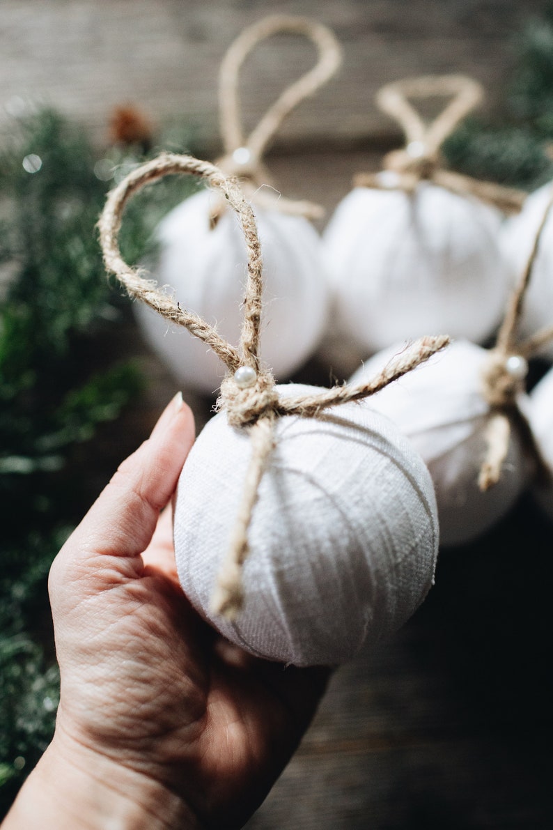 Farmhouse Style Rag Ball Trio Handmade Christmas Ornaments in Linen and Burlap, Set of 9, Neutral Cottage Holiday Decor Bowl Fillers image 2