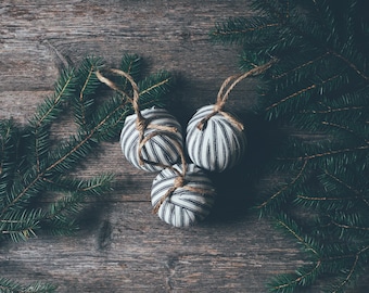 Rustic Black and White Ticking Rag Ball Christmas Tree Ornaments, Set of 3, Homespun Inspired Farmhouse Holiday Decor