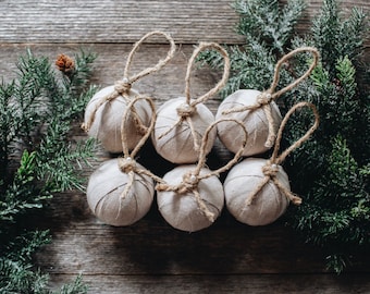 Rustic Farmhouse Flax Linen Rag Ball Christmas Tree Ornaments, Set of 6, Homespun Inspired Neutral Stone Gray Holiday Decoration Bowl Filler