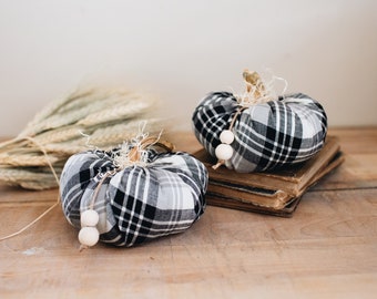 Modern Farmhouse Mini Pumpkin w/Real Dried Stems, Set of Two, Black White & Gray Homespun Plaid Fabric Fall Decoration Thanksgiving Decor