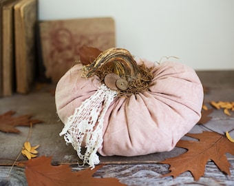 Shabby Farmhouse Dusty Pink Faux Plush Pumpkin w/ Real Dried Stem, Wrinkled Cotton Denim Fall Decorations, Prim Cottage Chic Autumn Decor