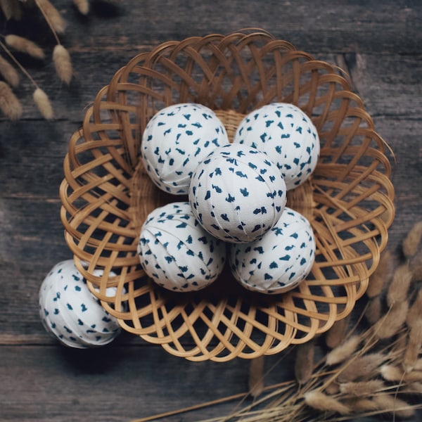 Abstract Cotton Canvas Fabric Rag Balls, White & Dark Blue Spotted Contemporary Bowl Fillers, Cozy Modern Farmhouse Decorations