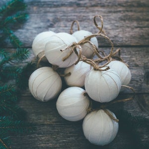 Rustic Beige Flannel Rag Ball Christmas Tree Ornaments, Set of 9, Homespun Inspired Neutral Farmhouse Holiday Decoration Bowl Fillers