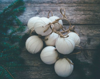 Rustic Beige Flannel Rag Ball Christmas Tree Ornaments, Set of 9, Homespun Inspired Neutral Farmhouse Holiday Decoration Bowl Fillers