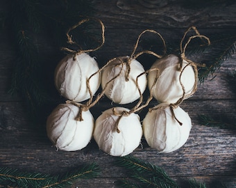 Rustic Ivory Muslin Rag Ball Christmas Tree Ornaments, Set of 6, Homespun Inspired White Farmhouse Holiday Decoration Bowl Fillers