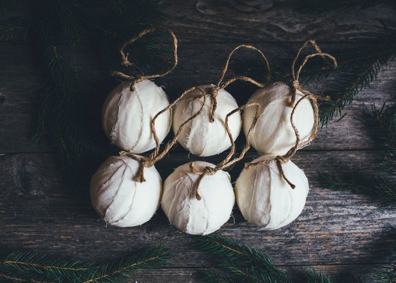 Rustic Ivory Muslin Rag Ball Christmas Tree Ornaments, Set of 6, Homespun Inspired White Farmhouse Holiday Decoration Bowl Fillers image 1