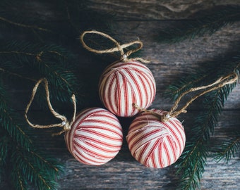 Rustic Red Ticking Rag Ball Christmas Tree Ornaments Set of 3, Homespun Inspired Farmhouse Candy Cane Stripe Holiday Decoration Bowl Fillers