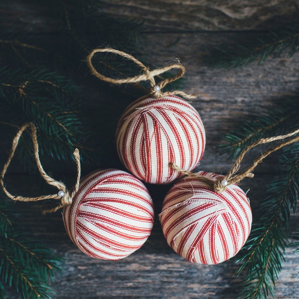 Rustic Red Ticking Rag Ball Christmas Tree Ornaments Set of 3, Homespun Inspired Farmhouse Candy Cane Stripe Holiday Decoration Bowl Fillers