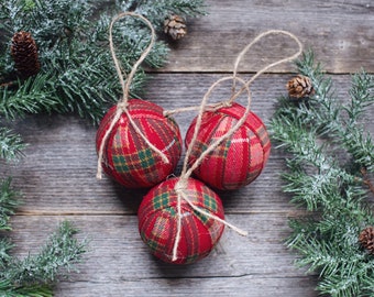 Rustic Red & Green Plaid Flannel Rag Ball Ornaments, Holiday Tartan Fabric Bowl Fillers Cabin Christmas Tree Holiday Decorations 3, 6, 9, 12