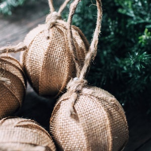 Rustic Farmhouse Burlap Rag Ball Christmas Tree Ornaments, Set of 6, Homespun Inspired Neutral Holiday Decoration Bowl Fillers image 6