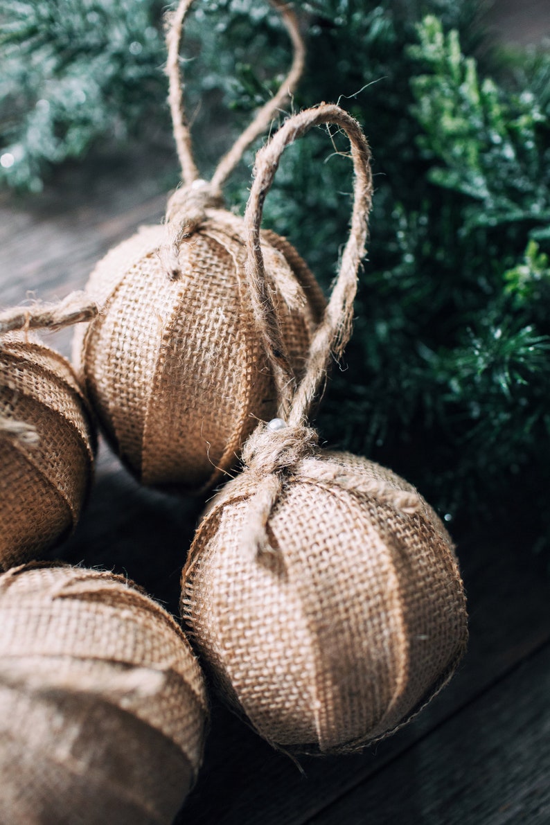 Rustic Farmhouse Burlap Rag Ball Christmas Tree Ornaments, Set of 6, Homespun Inspired Neutral Holiday Decoration Bowl Fillers image 6