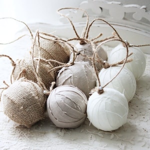 Farmhouse Style Rag Ball Trio Handmade Christmas Ornaments in Linen and Burlap, Set of 9, Neutral Cottage Holiday Decor Bowl Fillers image 1