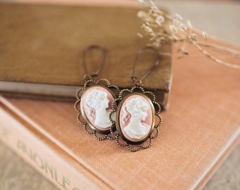 Cameo Girl, Pink and White Vintage Victorian Inspired Antique Brass Earrings