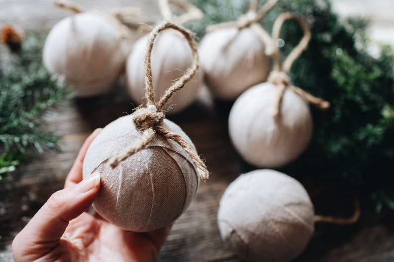 Farmhouse Style Rag Ball Trio Handmade Christmas Ornaments in Linen and Burlap, Set of 9, Neutral Cottage Holiday Decor Bowl Fillers image 3