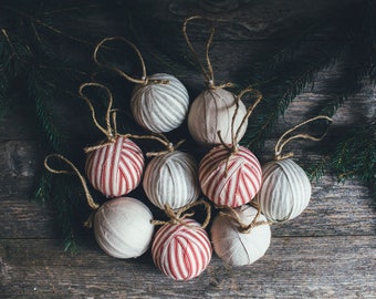 French Farmhouse Rag Ball Christmas Tree Ornament Set of 9, Red Ticking, Gray Stripe, Beige Flannel, Rustic Holiday Decoration Bowl Fillers