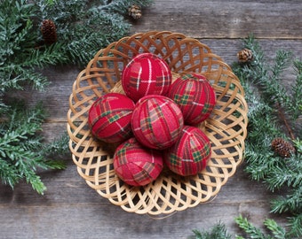 Rustic Red & Green Plaid Flannel Rag Balls, Holiday Tartan Fabric Bowl Fillers, Cabin Christmas Decorations, Set of 3, 6, 9 or 12