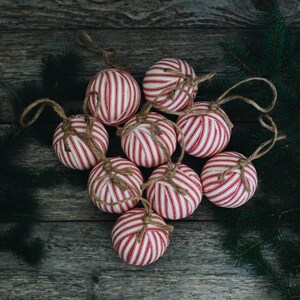 Rustic Red Ticking Rag Ball Christmas Tree Ornaments, Set of 9, Homespun Inspired Farmhouse Holiday Decor Bowl Fillers Candy Cane Stripe image 2